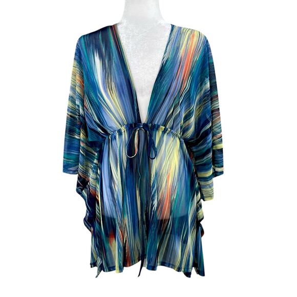 Blue Multicolor Sheer Mesh Cinched Waist V-Neck Oversize Cover-Up Plus 2X/3X NWT - Picture 2 of 15